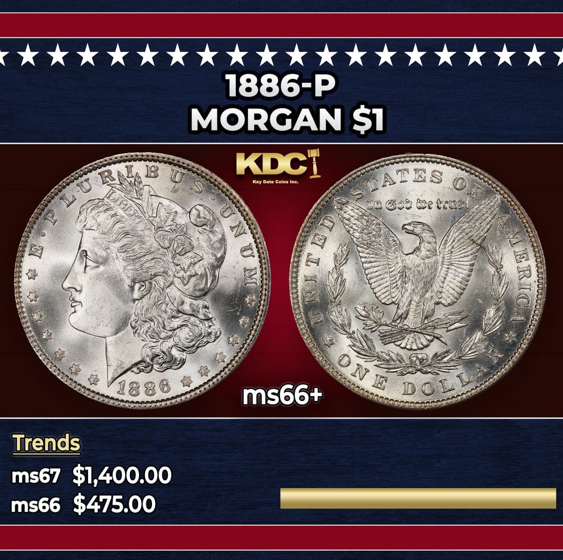 1886-p Morgan Dollar $1 ms66+ SEGS: 1886-p Morgan Dollar $1 ms66+ SEGS. Historic precious metal trends is causing increased spot pricing by the day. On auctions with set openings, we are doing our best to have items priced at their mark
