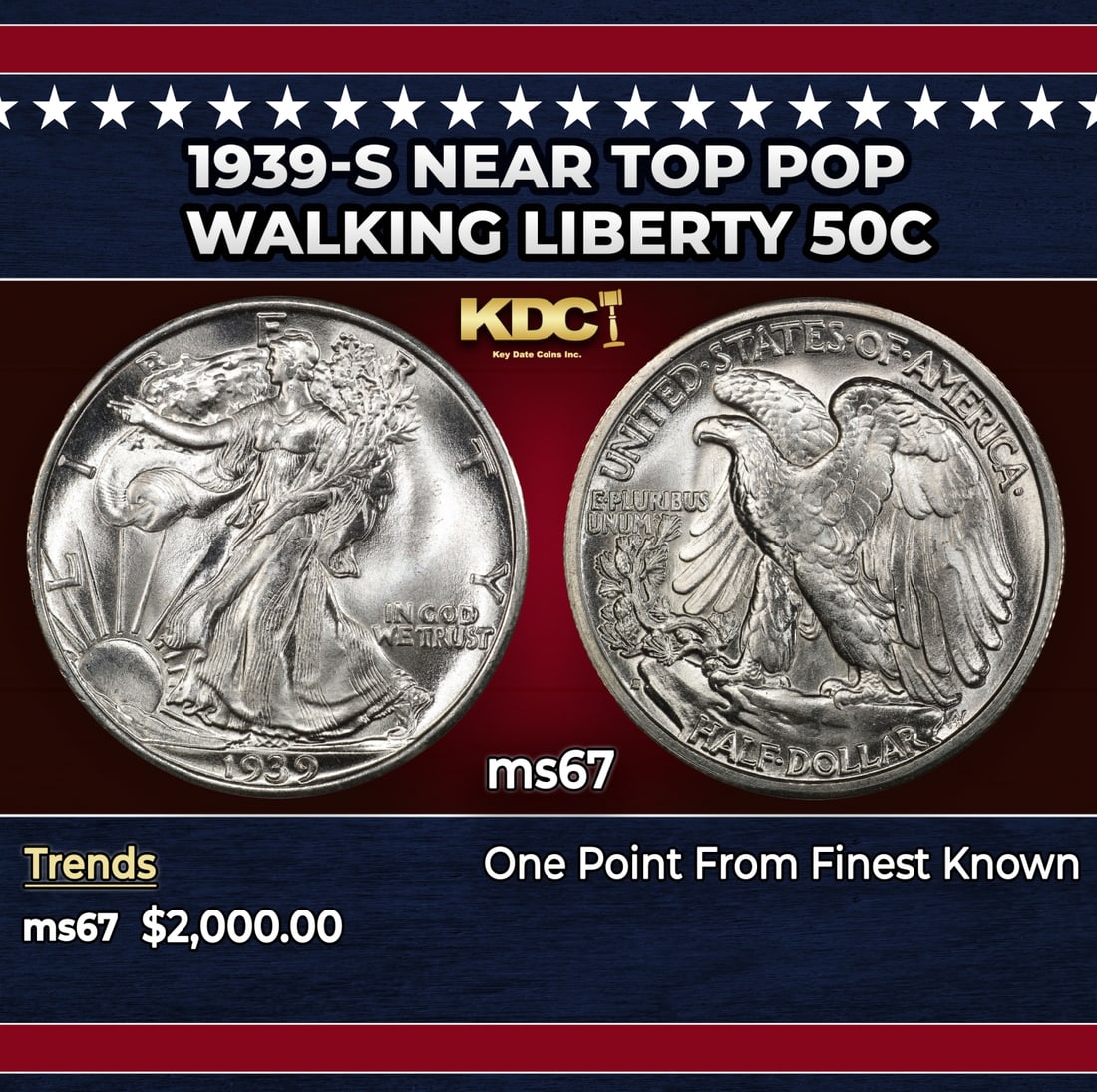 1939-s Walking Liberty Half Dollar Near Top Pop 50c ms67 SEGS: 1939-s Near Top Pop Walking Liberty Half Dollar 50c ms67 SEGS. Historic precious metal trends is causing increased spot pricing by the day. On auctions with set openings, we are doing our best to have