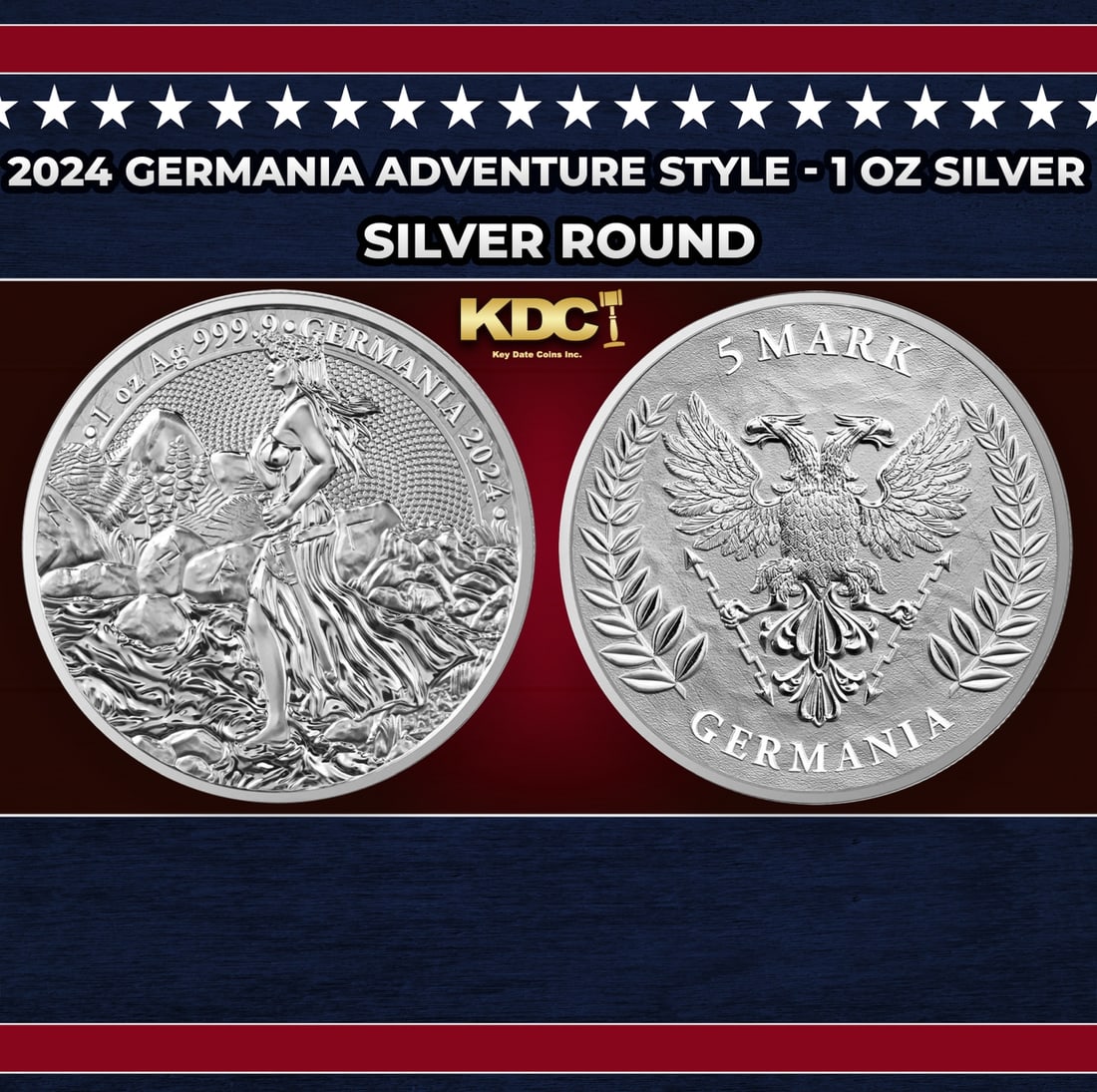 2024 Germania Adventure Style - 1 oz Silver Round Round: 2024 Germania Adventure Style - 1 oz Silver Round. "Germania" is the Latin term for Germany, from which the modern english "Germany" was derived, and also a personification of the German Nation, much