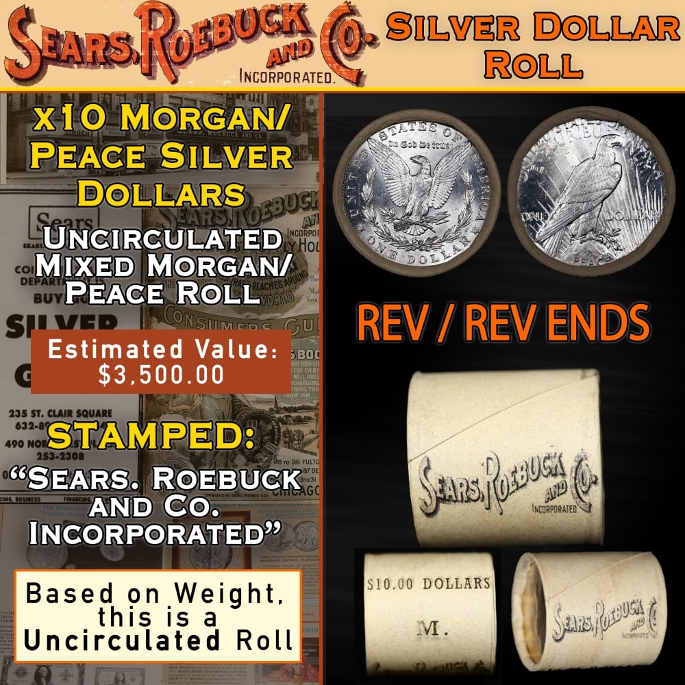 10 Coin Mixed Morgan/Peace SEARS UNC Dollar $1 Roll Morgan 'P' Rev/Peace 'P' Rev Ends: 10 Coin Mixed Morgan/Peace SEARS UNC Dollar $1 Roll Morgan 'P' Rev/Peace 'P' Rev Ends. Up For Auction is a 79- 10 Coin Mixed Morgan/Peace SEARS UNC Dollar $1 Roll Morgan 'P' Rev/Peace 'P' Rev Ends Rol