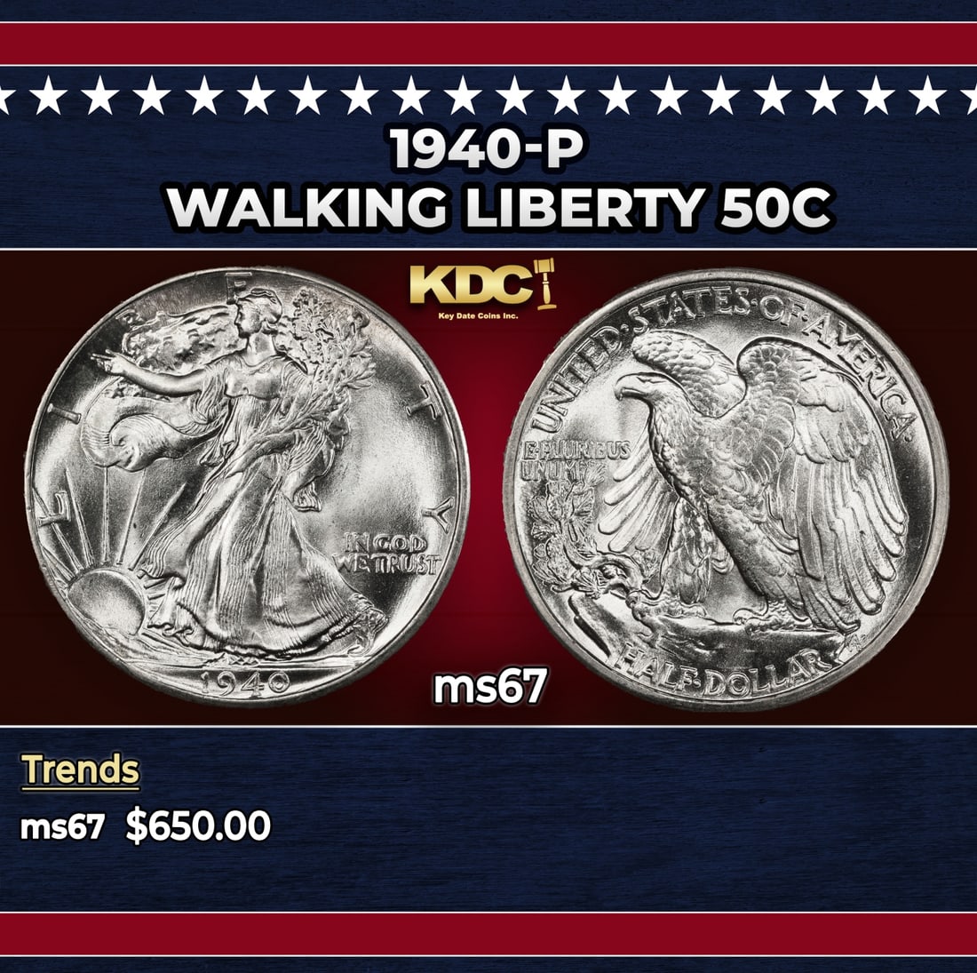 1940-p Walking Liberty Half Dollar 50c ms67 SEGS: 1940-p Walking Liberty Half Dollar 50c ms67 SEGS. Historic precious metal trends is causing increased spot pricing by the day. On auctions with set openings, we are doing our best to have items priced