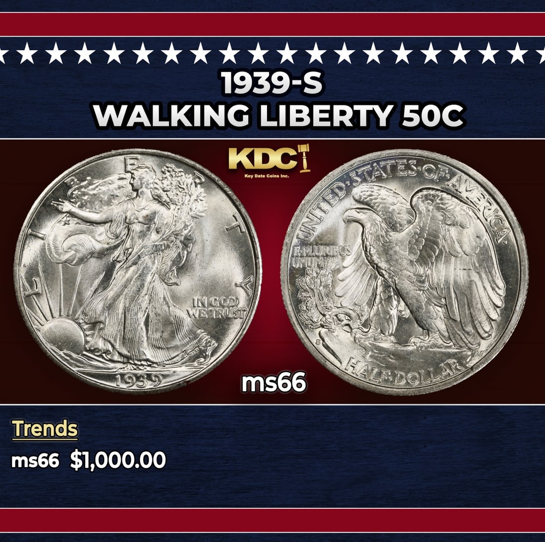 1939-s Walking Liberty Half Dollar 50c ms66 SEGS: 1939-s Walking Liberty Half Dollar 50c ms66 SEGS. Historic precious metal trends is causing increased spot pricing by the day. On auctions with set openings, we are doing our best to have items priced