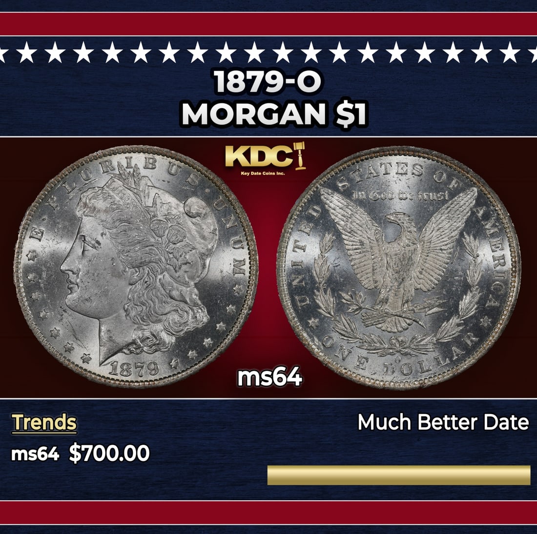 1879-o Morgan Dollar $1 Grades ms64: 1879-o Morgan Dollar $1 Grades ms64. Historic precious metal trends is causing increased spot pricing by the day. On auctions with set openings, we are doing our best to have items priced at their mar