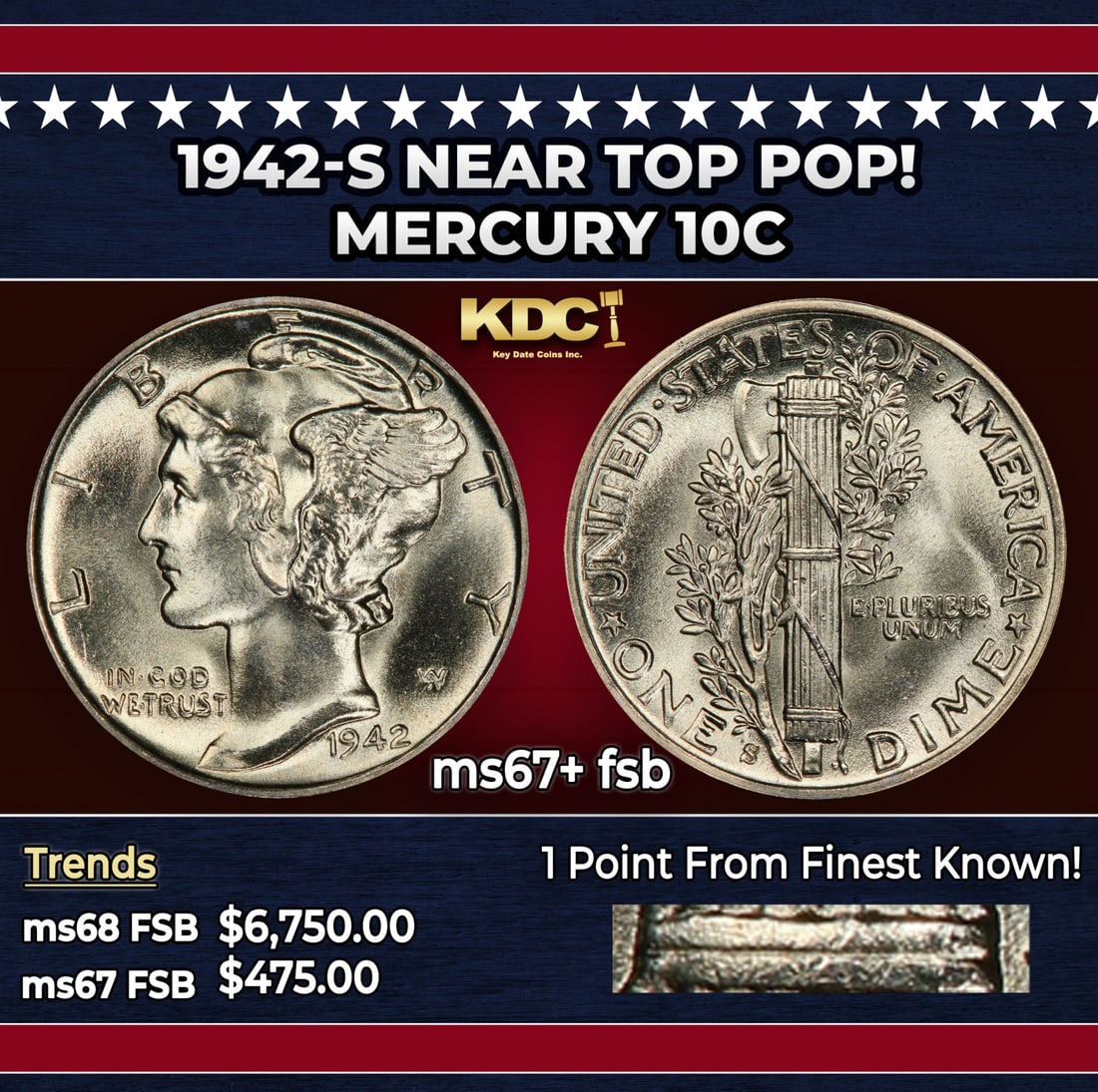 1942-s Mercury Dime Near Top Pop! 10c ms67+ fsb SEGS: 1942-s Near Top Pop! Mercury Dime 10c ms67+ fsb SEGS. Historic precious metal trends is causing increased spot pricing by the day. On auctions with set openings, we are doing our best to have items pr