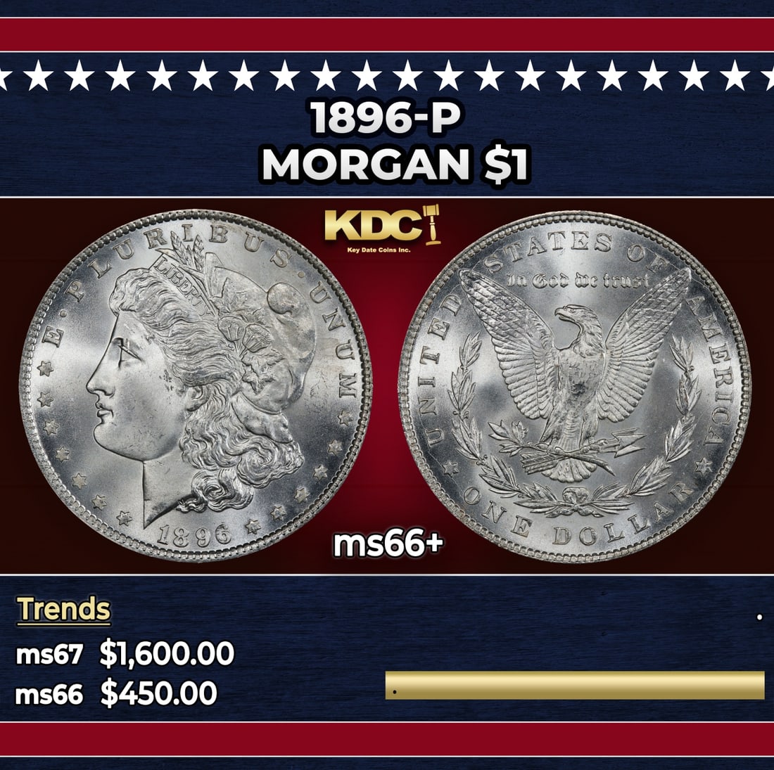 1896-p Morgan Dollar $1 ms66+ SEGS: 1896-p Morgan Dollar $1 ms66+ SEGS. Historic precious metal trends is causing increased spot pricing by the day. On auctions with set openings, we are doing our best to have items priced at their mark
