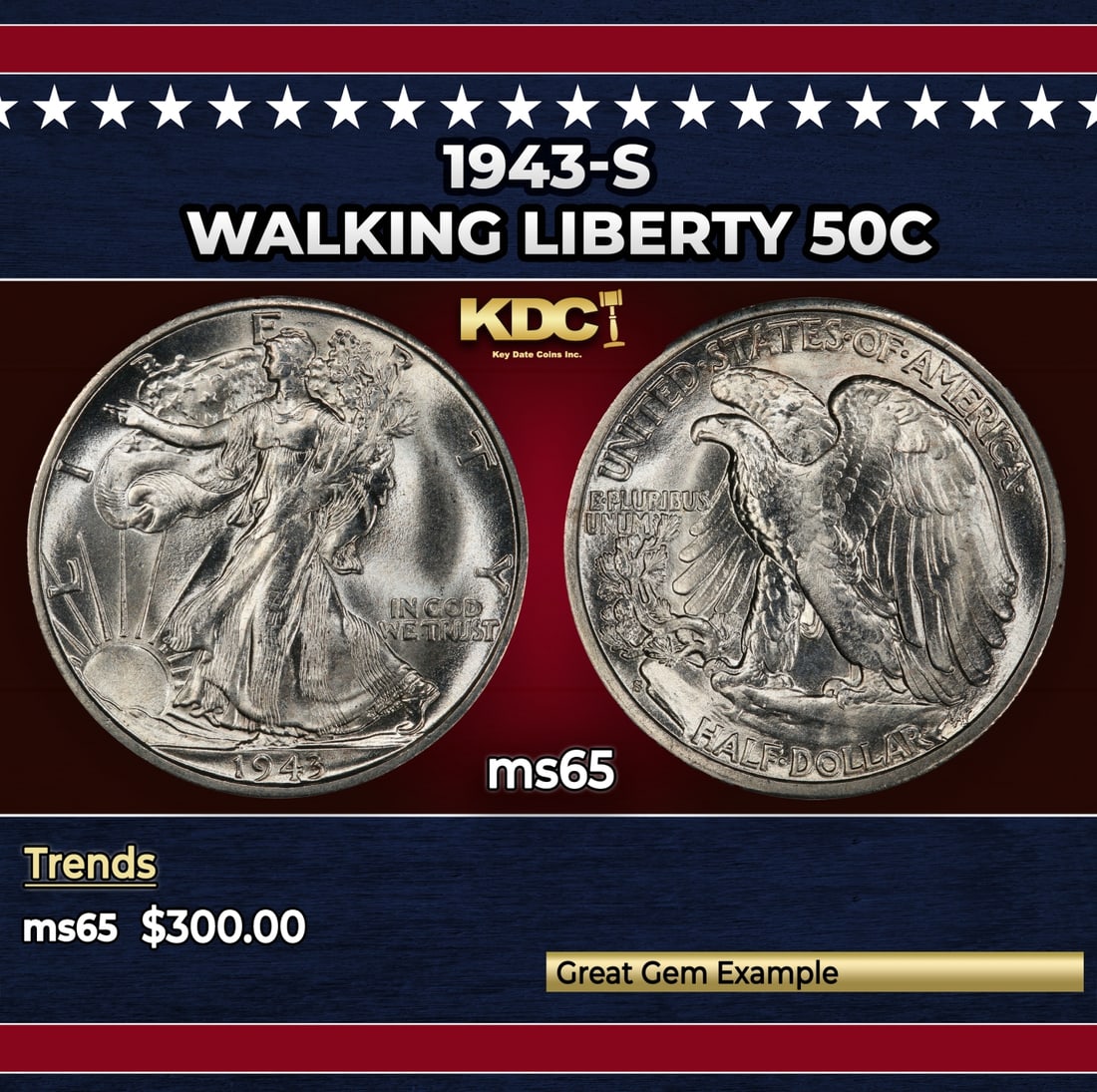 1943-s Walking Liberty Half Dollar 50c Grades ms65: 1943-s Walking Liberty Half Dollar 50c Grades ms65. Historic precious metal trends is causing increased spot pricing by the day. On auctions with set openings, we are doing our best to have items pric