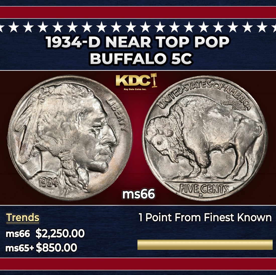 1934-d Buffalo Nickel Near Top Pop 5c ms66 SEGS: 1934-d Near Top Pop Buffalo Nickel 5c ms66 SEGS. Historic precious metal trends is causing increased spot pricing by the day. On auctions with set openings, we are doing our best to have items priced