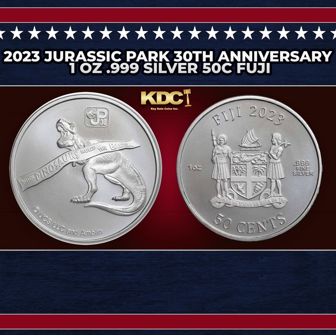 2023 Jurassic Park 30th Anniversary 1 oz .999 Silver 50c Fuji Round: 2023 Jurassic Park 30th Anniversary 1 oz .999 Silver 50c Fuji . Capture an awesome scene from the original Jurassic Park on pure silver. Celebrate 30 years since this classic film first released! Cont