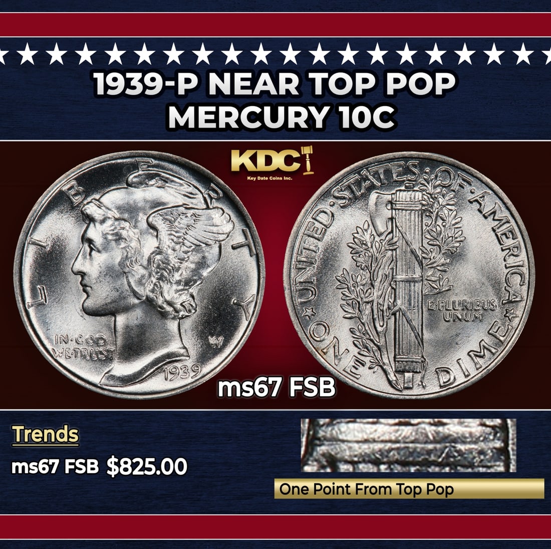 1939-p Mercury Dime Near Top Pop 10c ms67 FSB SEGS: 1939-p Near Top Pop Mercury Dime 10c ms67 FSB SEGS. Historic precious metal trends is causing increased spot pricing by the day. On auctions with set openings, we are doing our best to have items pric