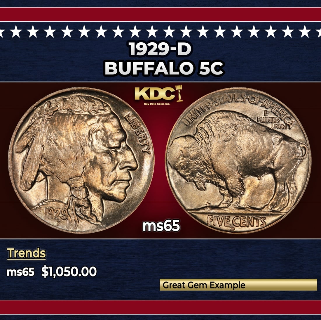 1929-d Buffalo Nickel 5c ms65 SEGS: 1929-d Buffalo Nickel 5c ms65 SEGS. Historic precious metal trends is causing increased spot pricing by the day. On auctions with set openings, we are doing our best to have items priced at their mark