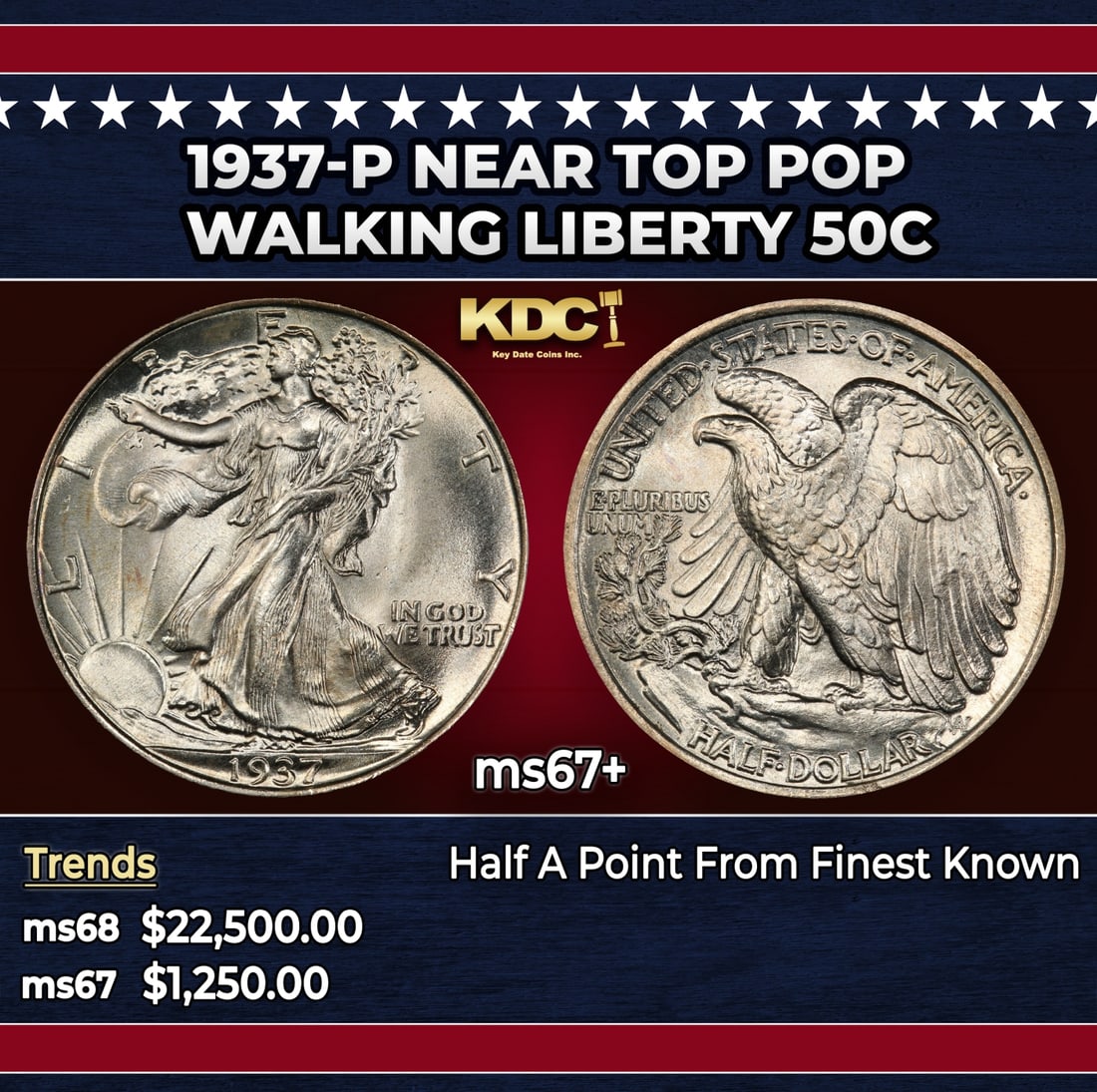 1937-p Walking Liberty Half Dollar Near Top Pop 50c ms67+ SEGS: 1937-p Near Top Pop Walking Liberty Half Dollar 50c ms67+ SEGS. Historic precious metal trends is causing increased spot pricing by the day. On auctions with set openings, we are doing our best to hav