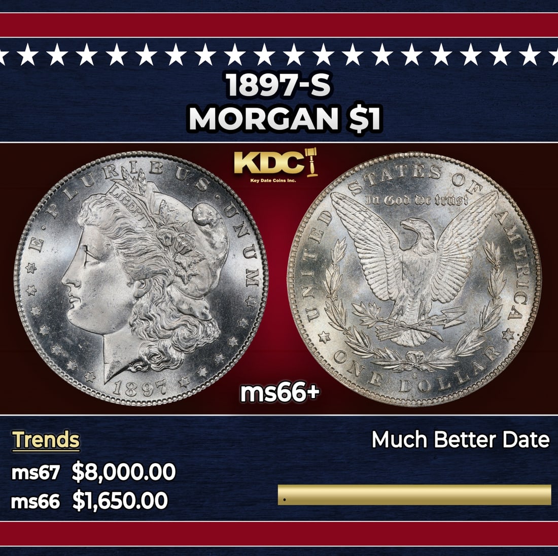 1897-s Morgan Dollar $1 ms66+ SEGS: 1897-s Morgan Dollar $1 ms66+ SEGS. Historic precious metal trends is causing increased spot pricing by the day. On auctions with set openings, we are doing our best to have items priced at their mark