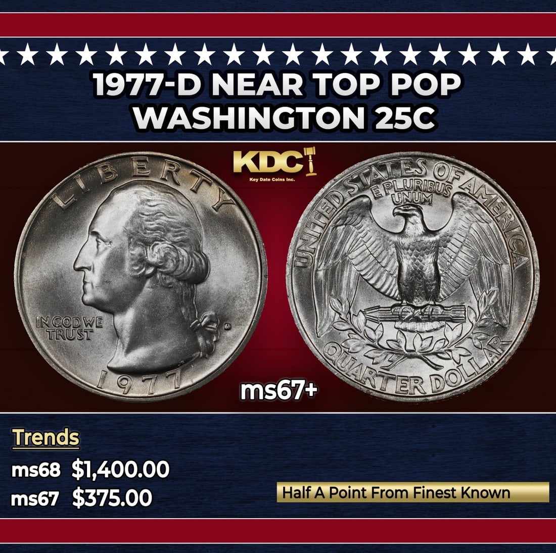 1977-d Washington Quarter Near Top Pop 25c ms67+ SEGS: 1977-d Near Top Pop Washington Quarter 25c ms67+ SEGS. Historic precious metal trends is causing increased spot pricing by the day. On auctions with set openings, we are doing our best to have items p
