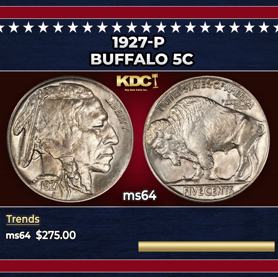 1927-p Buffalo Nickel 5c Grades ms64: 1927-p Buffalo Nickel 5c Grades ms64. Historic precious metal trends is causing increased spot pricing by the day. On auctions with set openings, we are doing our best to have items priced at their ma