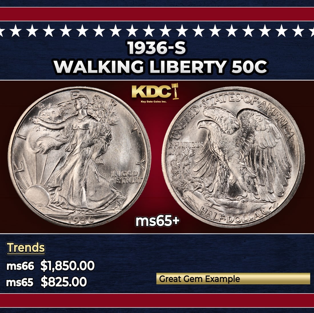 1936-s Walking Liberty Half Dollar 50c ms65+ SEGS: 1936-s Walking Liberty Half Dollar 50c ms65+ SEGS. Historic precious metal trends is causing increased spot pricing by the day. On auctions with set openings, we are doing our best to have items price