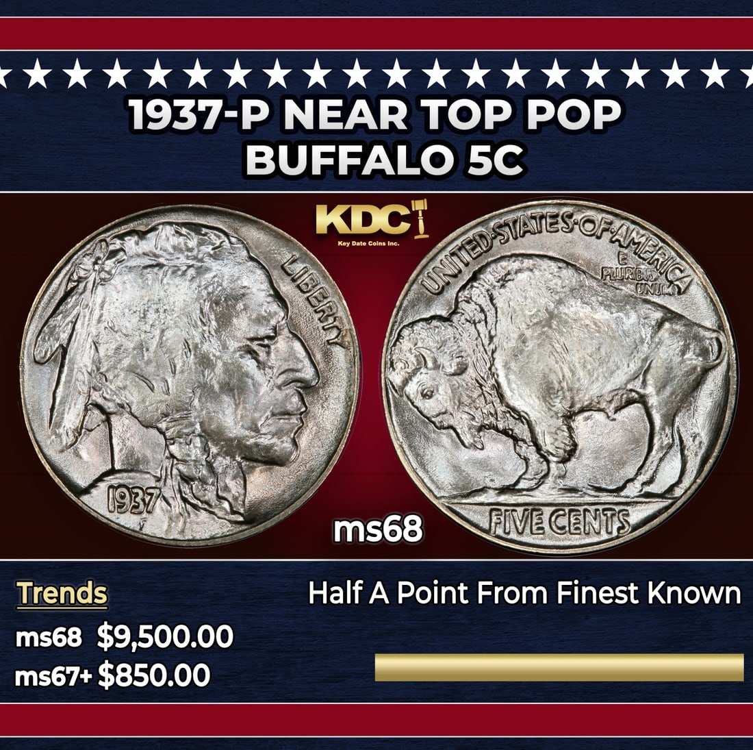 1937-p Buffalo Nickel Near Top Pop 5c ms68 SEGS: 1937-p Near Top Pop Buffalo Nickel 5c ms68 SEGS. Historic precious metal trends is causing increased spot pricing by the day. On auctions with set openings, we are doing our best to have items priced