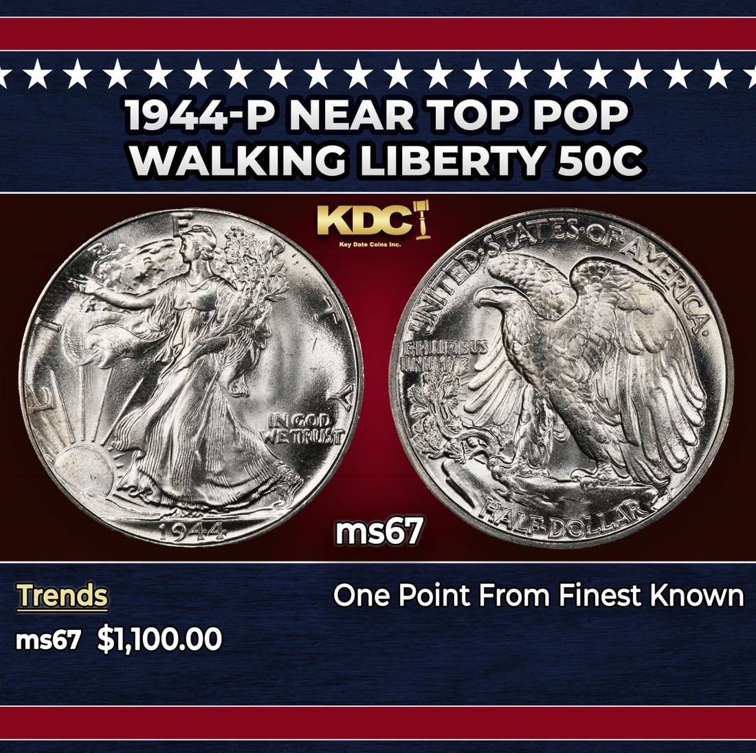 1944-p Walking Liberty Half Dollar Near Top Pop 50c ms67 SEGS: 1944-p Near Top Pop Walking Liberty Half Dollar 50c ms67 SEGS. Historic precious metal trends is causing increased spot pricing by the day. On auctions with set openings, we are doing our best to have