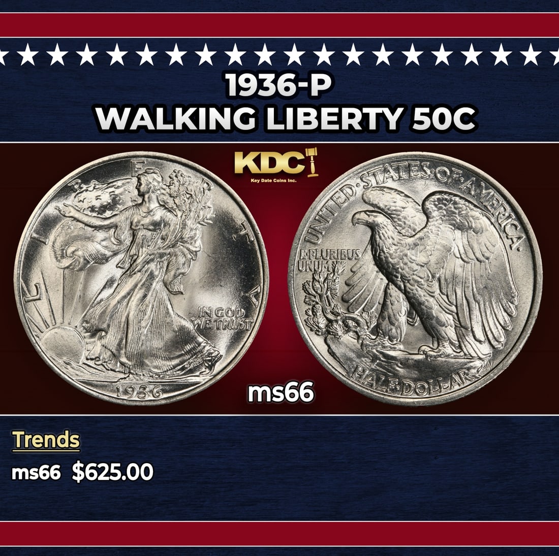 1936-p Walking Liberty Half Dollar 50c Grades ms66: 1936-p Walking Liberty Half Dollar 50c Grades ms66. Historic precious metal trends is causing increased spot pricing by the day. On auctions with set openings, we are doing our best to have items pric