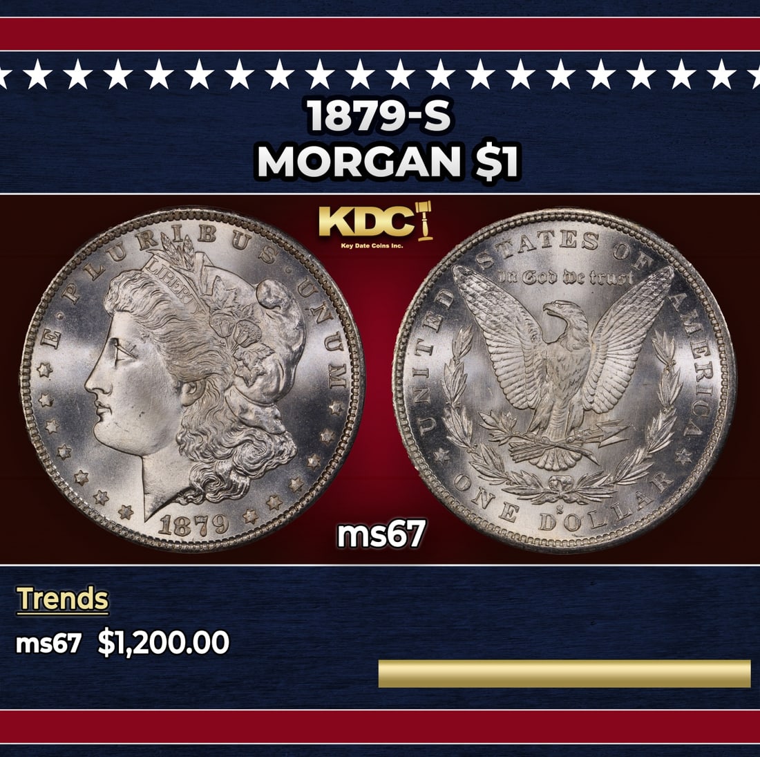 1879-s Morgan Dollar $1 ms67 SEGS: 1879-s Morgan Dollar $1 ms67 SEGS. Historic precious metal trends is causing increased spot pricing by the day. On auctions with set openings, we are doing our best to have items priced at their marke