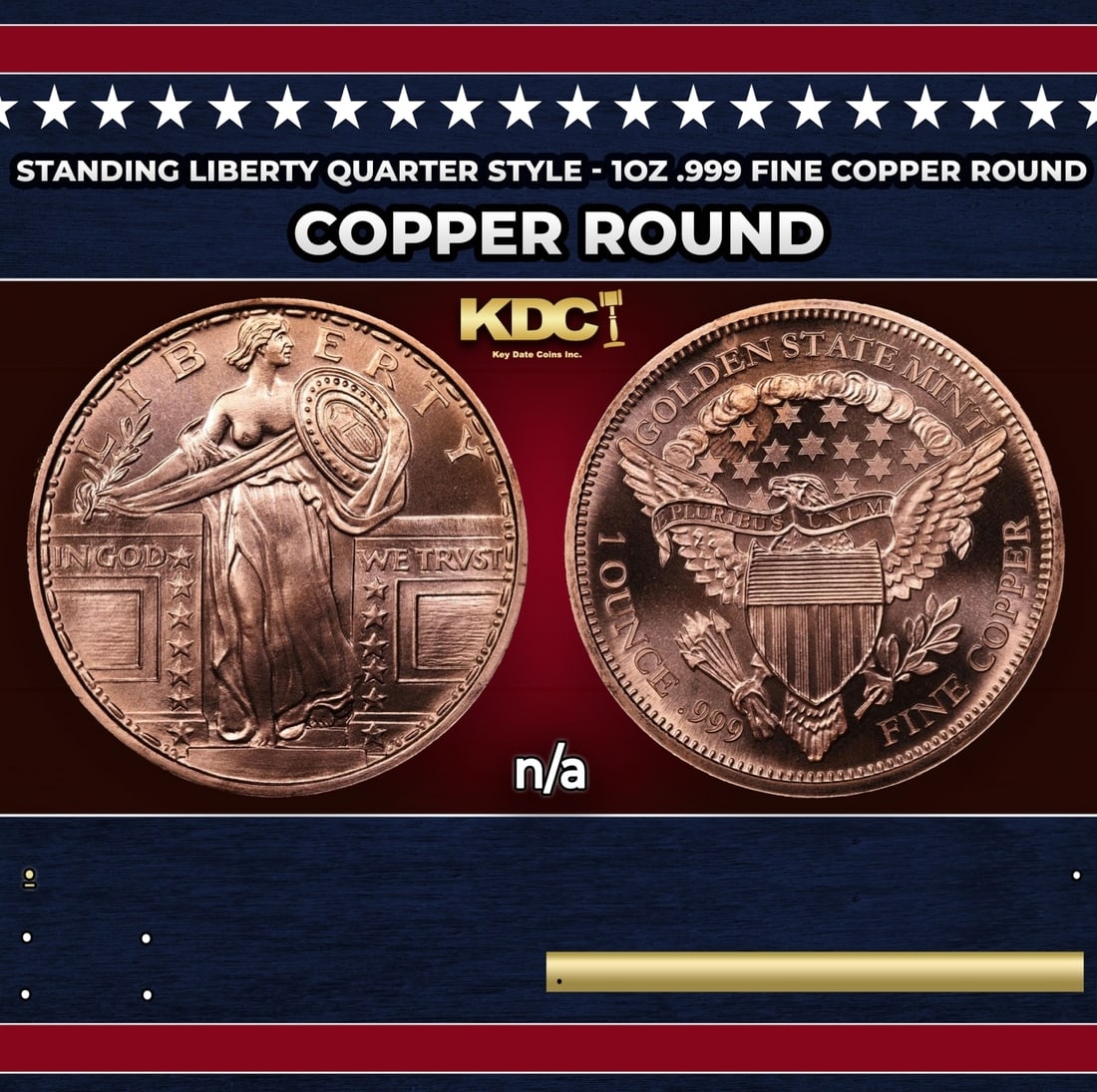 Standing Liberty Quarter Style - 1oz .999 Fine Copper Round: Standing Liberty Quarter Style - 1oz .999 Fine Copper Round. Historic precious metal trends is causing increased spot pricing by the day. On auctions with set openings, we are doing our best to have i