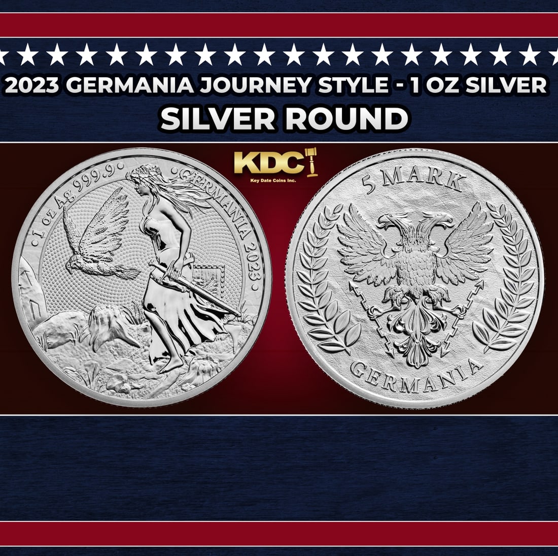 2023 Germania Journey Style - 1 oz Silver Round Round: 2023 Germania Journey Style - 1 oz Silver Round. "Germania" is the Latin term for Germany, from which the modern english "Germany" was derived, and also a personification of the German Nation, much as