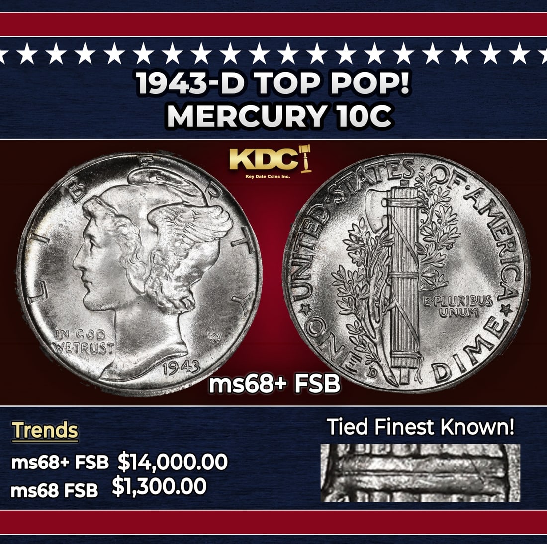 1943-d Mercury Dime TOP POP! 10c ms68+ FSB SEGS: 1943-d TOP POP! Mercury Dime 10c ms68+ FSB SEGS. Historic precious metal trends is causing increased spot pricing by the day. On auctions with set openings, we are doing our best to have items priced