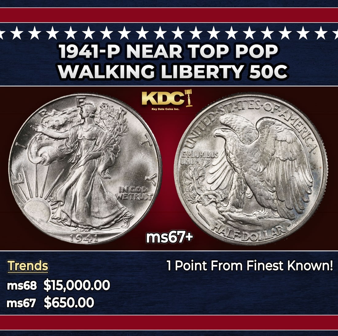 1941-p Walking Liberty Half Dollar Near Top Pop 50c ms67+ SEGS: 1941-p Near Top Pop Walking Liberty Half Dollar 50c ms67+ SEGS. Historic precious metal trends is causing increased spot pricing by the day. On auctions with set openings, we are doing our best to hav