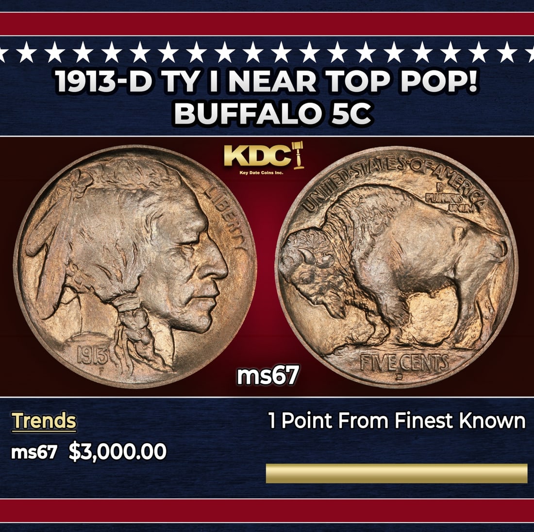 1913-d Ty I Buffalo Nickel Near Top Pop! 5c ms67 SEGS: 1913-d Ty I Near Top Pop! Buffalo Nickel 5c ms67 SEGS. Historic precious metal trends is causing increased spot pricing by the day. On auctions with set openings, we are doing our best to have items p