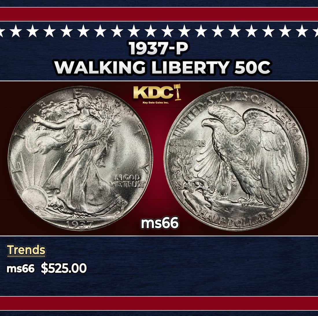 1937-p Walking Liberty Half Dollar 50c Grades ms66: 1937-p Walking Liberty Half Dollar 50c Grades ms66. Historic precious metal trends is causing increased spot pricing by the day. On auctions with set openings, we are doing our best to have items pric