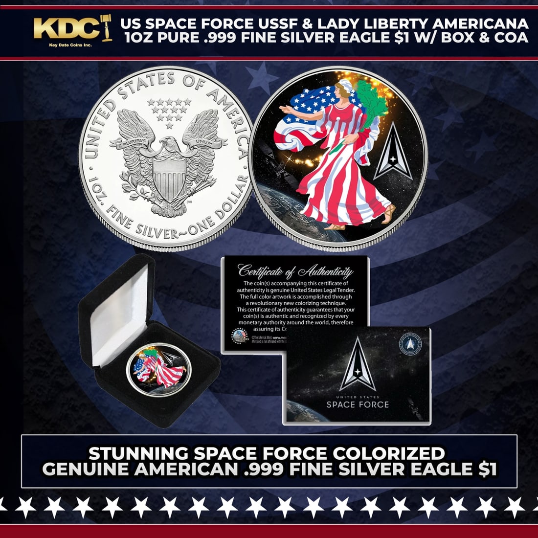 US Space Force USSF & Lady Liberty Americana 1oz Pure .999 Fine Silver Eagle $1 w/ Box & COA Other: US Space Force USSF & Lady Liberty Americana 1oz Pure .999 Fine Silver Eagle $1 w/ Box & COA. This is your chance to own a stunning SPACE FORCE colorized American Silver Eagle Dollar coin, beautifully