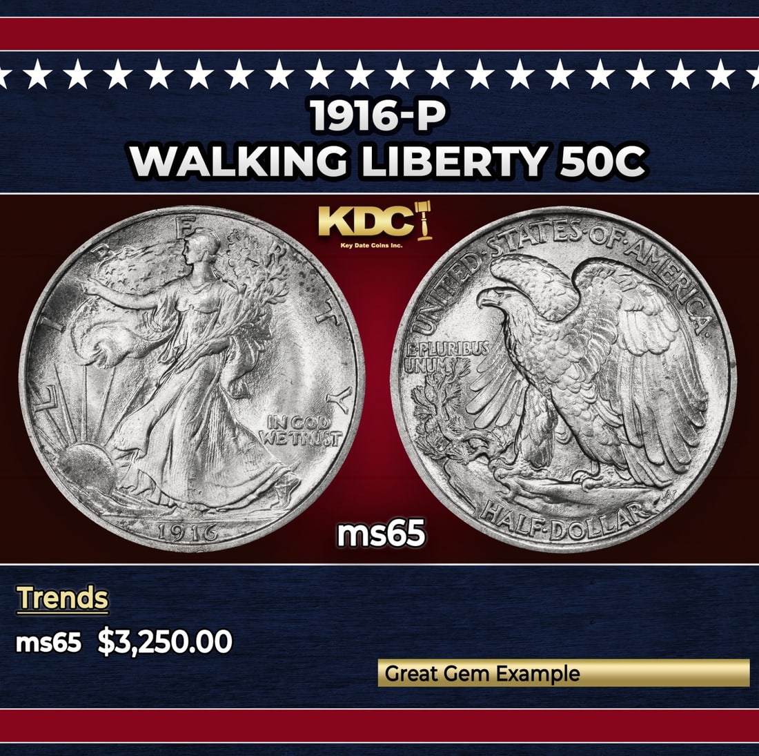 1916-p Walking Liberty Half Dollar 50c ms65 SEGS: 1916-p Walking Liberty Half Dollar 50c ms65 SEGS. Historic precious metal trends is causing increased spot pricing by the day. On auctions with set openings, we are doing our best to have items priced