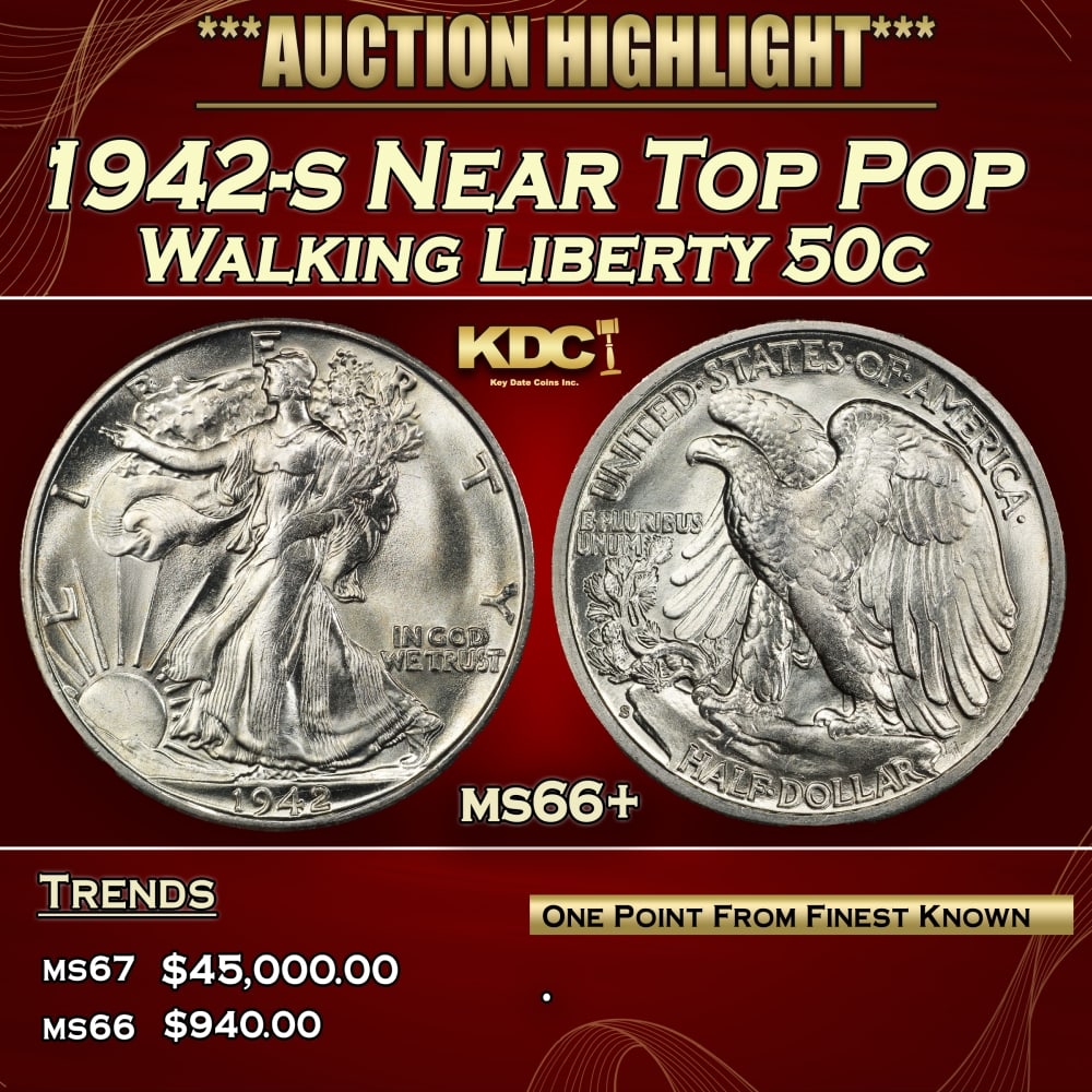 1942-s Walking Liberty Half Dollar Near Top Pop 50c ms66+ SEGS: 1942-s Near Top Pop Walking Liberty Half Dollar 50c ms66+ SEGS. 0 Historic precious metal trends is causing increased spot pricing by the day. On auctions with set openings, we are doing our best to h