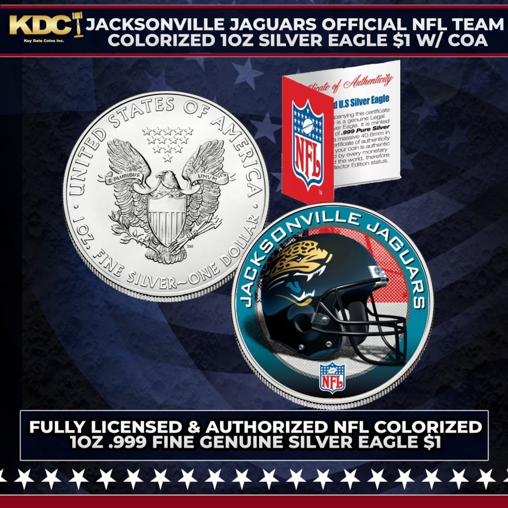 Jacksonville Jaguars Official NFL Team Colorized 1oz Silver Eagle $1 w/ COA Other Toy: Jacksonville Jaguars Official NFL Team Colorized 1oz Silver Eagle $1 w/ COA. This is your chance to own a fully licensed & authorized NFL colorized .999 Fine Silver Eagle $1 coin, beautifully enhanced
