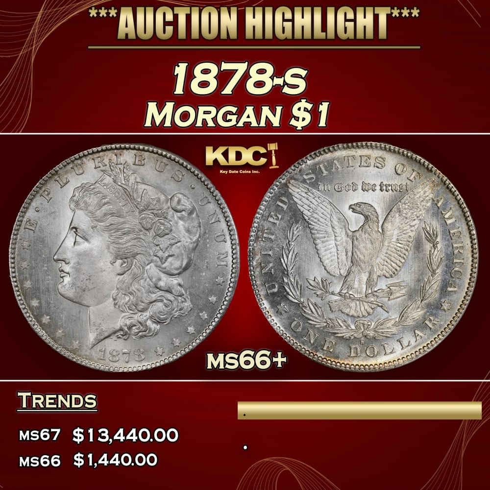 1878-s Morgan Dollar $1 ms66+ SEGS: 1878-s Morgan Dollar $1 ms66+ SEGS. Slightly better date. First year of issue. Historic precious metal trends is causing increased spot pricing by the day. On auctions with set openings, we are doing