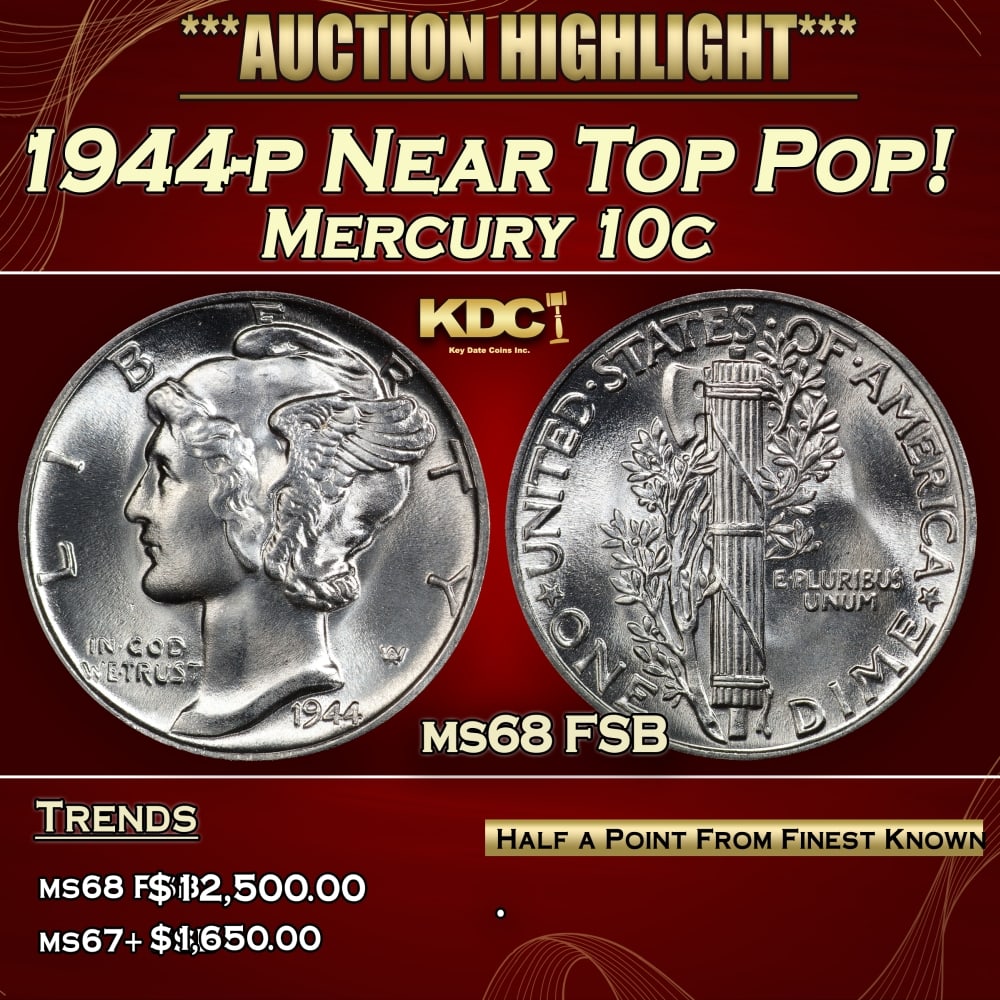 1944-p Mercury Dime Near Top Pop! 10c ms68 FSB SEGS: 1944-p Near Top Pop! Mercury Dime 10c ms68 FSB SEGS. 0 Historic precious metal trends is causing increased spot pricing by the day. On auctions with set openings, we are doing our best to have items p