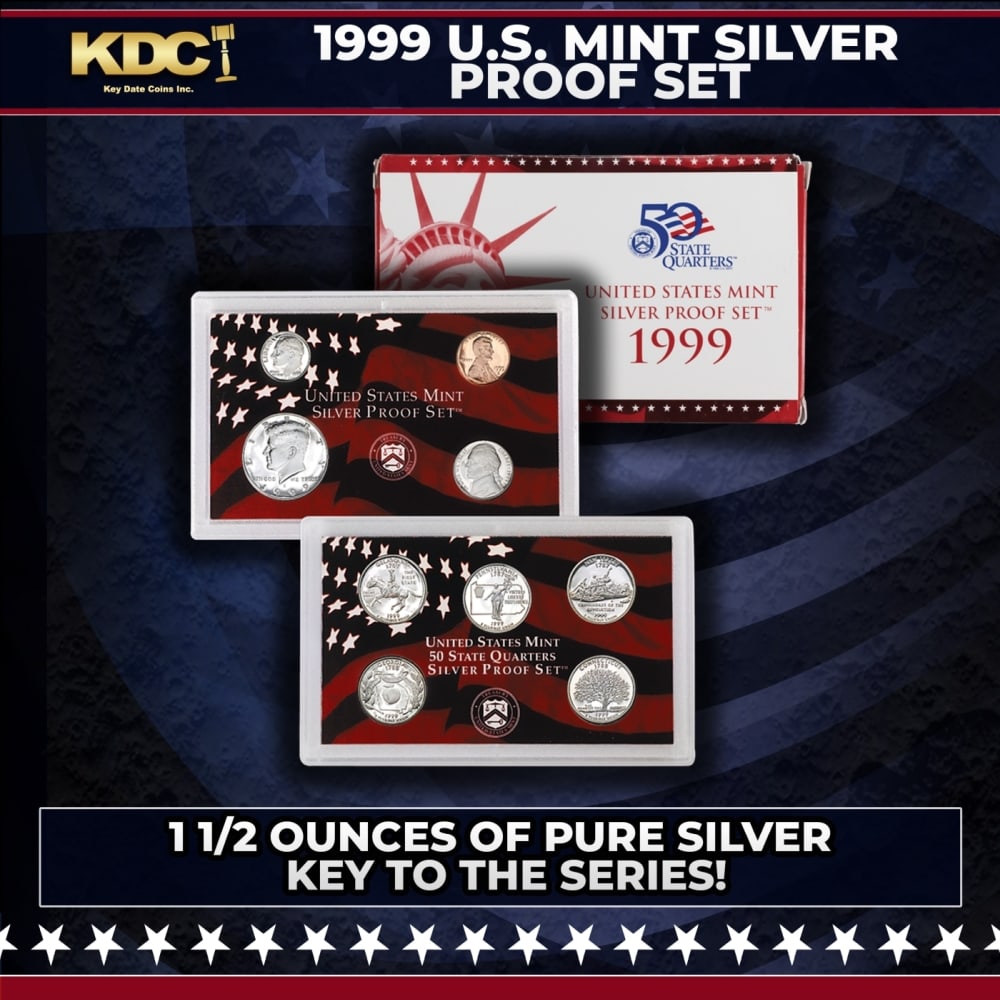 1999 United States Silver Proof Set about 1 1/2 ounces of pure silver KEY TO THE SERIES!!: 1999 United States Silver Proof Set about 1 1/2 ounces of pure silver KEY TO THE SERIES!!. 1999-s United States Mint Silver Proof Set with 9 coins. Produced at the San Francisco Mint, this proof sets