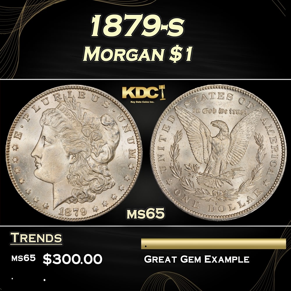 1879-s Morgan Dollar $1 Grades ms65: 1879-s Morgan Dollar $1 Grades ms65. Historic precious metal trends is causing increased spot pricing by the day. On auctions with set openings, we are doing our best to have items priced at their mar