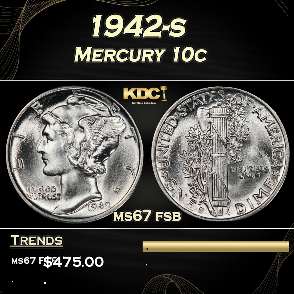 1942-s Mercury Dime 10c ms67 fsb SEGS: 1942-s Mercury Dime 10c ms67 fsb SEGS. 0 Historic precious metal trends is causing increased spot pricing by the day. On auctions with set openings, we are doing our best to have items priced at their