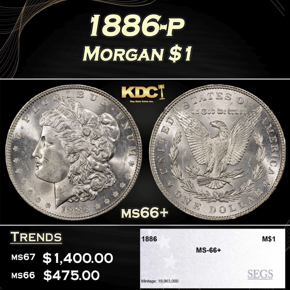 1886-p Morgan Dollar $1 ms66+ SEGS: 1886-p Morgan Dollar $1 ms66+ SEGS. 0 Historic precious metal trends is causing increased spot pricing by the day. On auctions with set openings, we are doing our best to have items priced at their ma