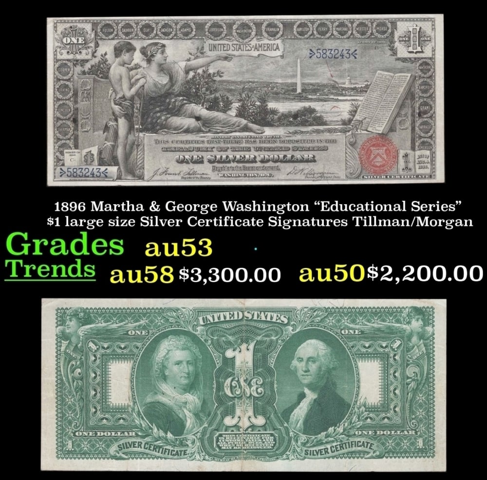1896 $1 large size Silver Certificate Martha & George Washington "Educational Series" Grades Select: 1896 $1 large size Silver Certificate Martha & George Washington "Educational Series" Grades Select AU Signatures Tillman/Morgan. FR-224 In 1896, the U.S. Treasury printed Silver Certificates with bea