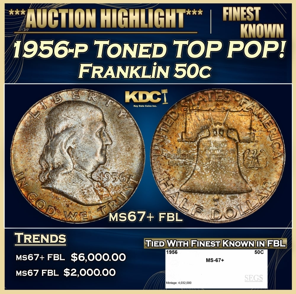 1956-p Franklin Half Dollar Toned TOP POP! 50c ms67+ fbl SEGS: 1956-p Toned TOP POP! Franklin Half Dollar 50c ms67+ fbl SEGS. 0 Historic precious metal trends is causing increased spot pricing by the day. On auctions with set openings, we are doing our best to ha