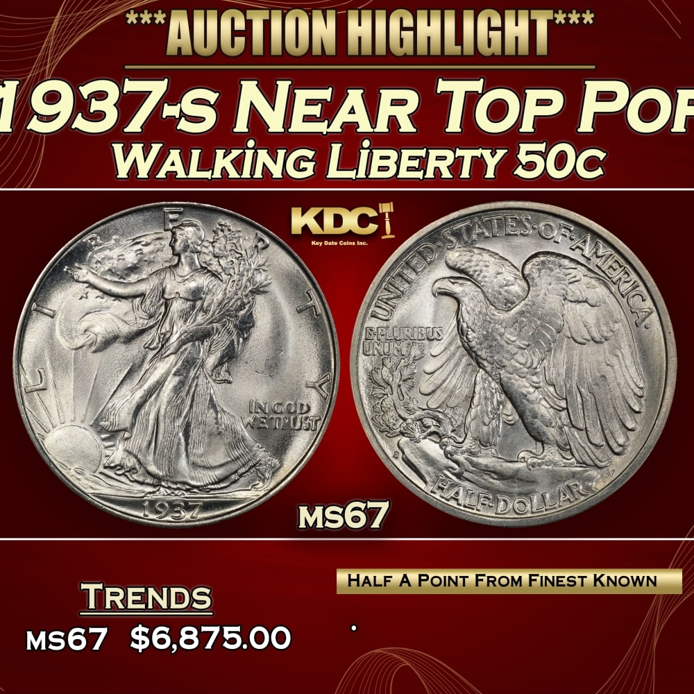 1937-s Walking Liberty Half Dollar Near Top Pop 50c ms67 SEGS: 1937-s Near Top Pop Walking Liberty Half Dollar 50c ms67 SEGS. 0 Historic precious metal trends is causing increased spot pricing by the day. On auctions with set openings, we are doing our best to ha