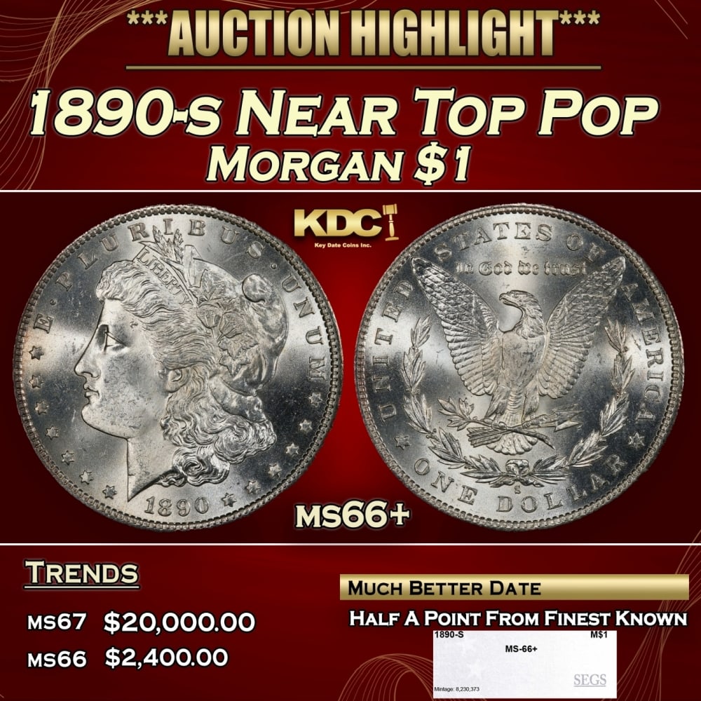 1890-s Morgan Dollar Near Top Pop $1 ms66+ SEGS: 1890-s Near Top Pop Morgan Dollar $1 ms66+ SEGS. 0 Historic precious metal trends is causing increased spot pricing by the day. On auctions with set openings, we are doing our best to have items price