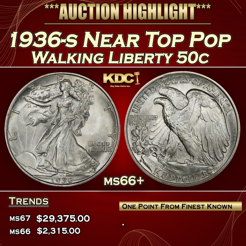 1936-s Walking Liberty Half Dollar Near Top Pop 50c ms66+ SEGS: 1936-s Near Top Pop Walking Liberty Half Dollar 50c ms66+ SEGS. 0 Historic precious metal trends is causing increased spot pricing by the day. On auctions with set openings, we are doing our best to h