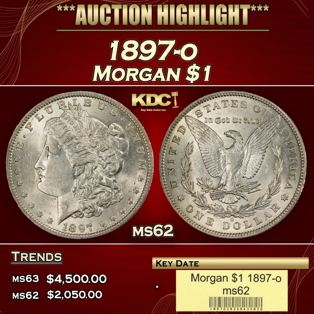 1897-o Morgan Dollar $1 ms62 USCG: 1897-o Morgan Dollar $1 ms62 USCG. 0 Historic precious metal trends is causing increased spot pricing by the day. On auctions with set openings, we are doing our best to have items priced at their mar