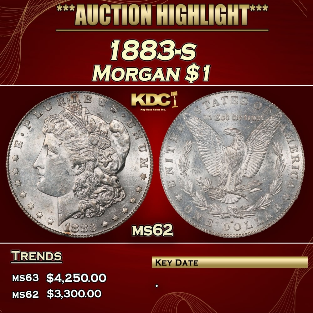 1883-s Morgan Dollar $1 ms62 USCG: 1883-s Morgan Dollar $1 ms62 USCG. 0 Historic precious metal trends is causing increased spot pricing by the day. On auctions with set openings, we are doing our best to have items priced at their mar