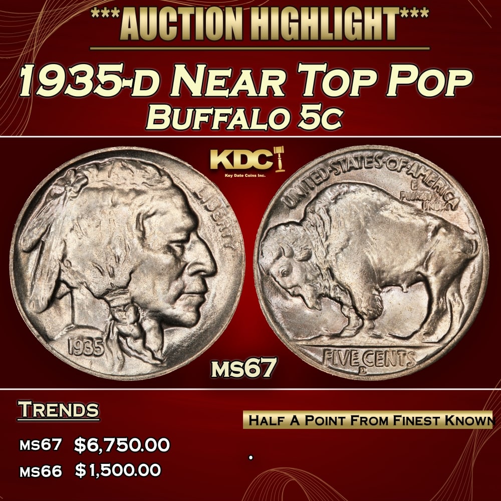 1935-d Buffalo Nickel Near Top Pop 5c ms67 SEGS: 1935-d Near Top Pop Buffalo Nickel 5c ms67 SEGS. 0 Historic precious metal trends is causing increased spot pricing by the day. On auctions with set openings, we are doing our best to have items price