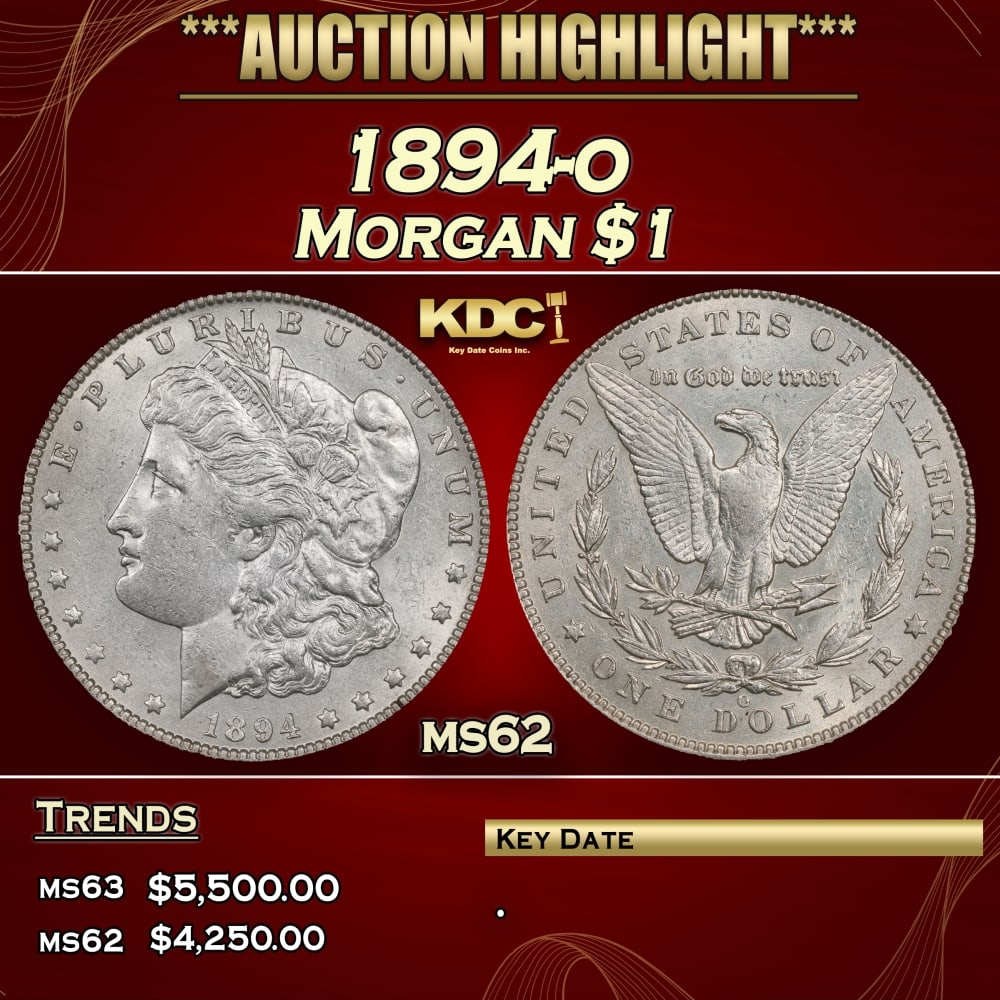 1894-o Morgan Dollar $1 ms62 USCG: 1894-o Morgan Dollar $1 ms62 USCG. 0 Historic precious metal trends is causing increased spot pricing by the day. On auctions with set openings, we are doing our best to have items priced at their mar