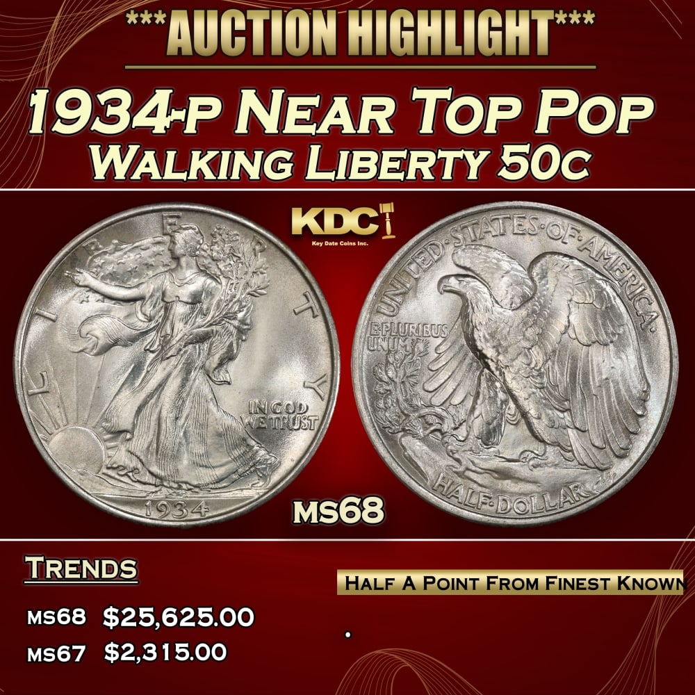 1934-p Walking Liberty Half Dollar Near Top Pop 50c ms68 SEGS: 1934-p Near Top Pop Walking Liberty Half Dollar 50c ms68 SEGS. 0 Historic precious metal trends is causing increased spot pricing by the day. On auctions with set openings, we are doing our best to ha