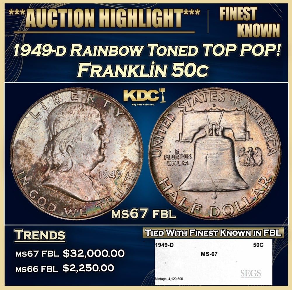 1949-d Franklin Half Dollar Rainbow Toned TOP POP! 50c ms67 fbl SEGS: 1949-d Rainbow Toned TOP POP! Franklin Half Dollar 50c ms67 fbl SEGS. 0 Historic precious metal trends is causing increased spot pricing by the day. On auctions with set openings, we are doing our bes